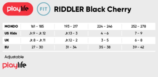 Powerslide Riddler Black Cherry sizing chart